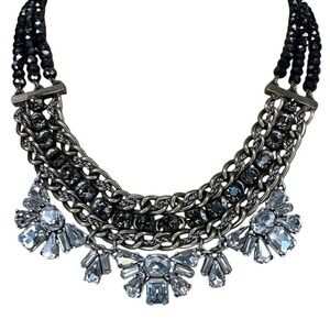 LOFT Statement Necklace Black Silver Multi Strand Rhinestone Crystal Bib